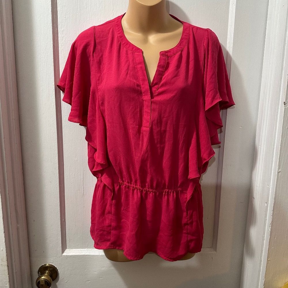 Chicos Pink Cinched‎ Waist Ruffle Blouse in S